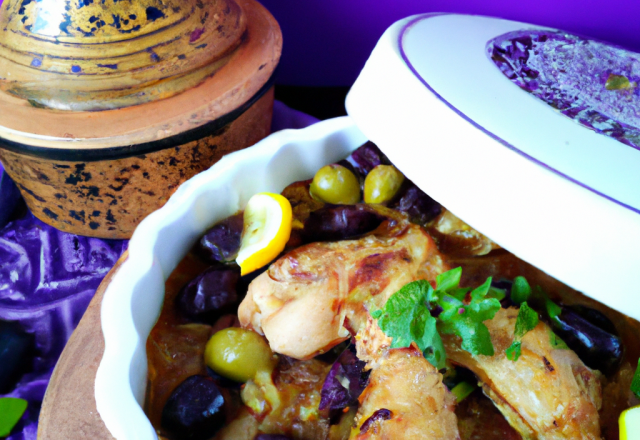 Tajine de poulet au citron confit et aux olives violettes