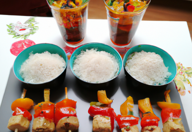 Verrine au poivrons, riz sauvage et brochette de volaille