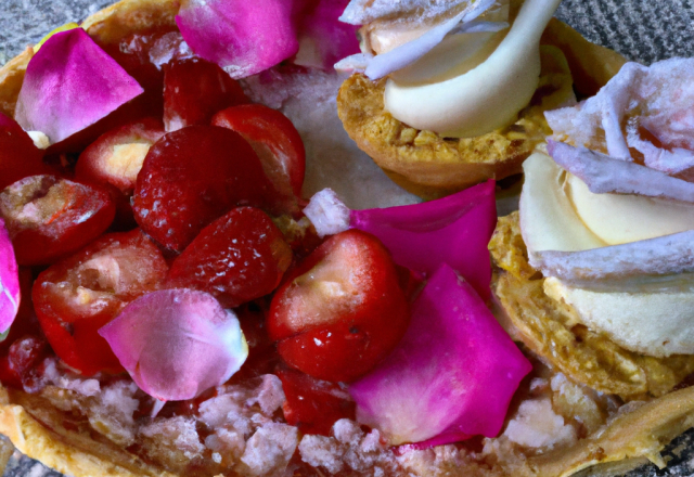 Tarte friande à la fraise, bêtises de Cambrai, sorbet fromage blanc et pétales de roses cristal