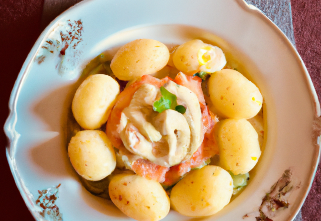 Pommes de terre écrasées aux œufs de saumon et crème à l'aneth par le chef Jacq