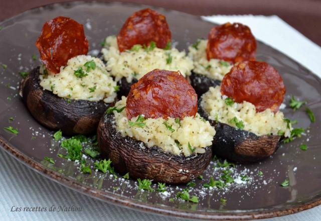 Champignons farcis au risotto, chèvre et chorizo