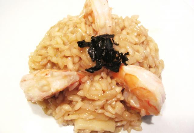 Risotto aux crevettes grises, bouillon maison, feuilles de nori