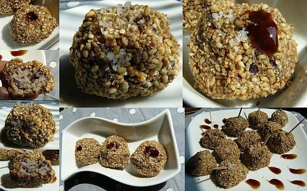 Boulettes de vitelotte au poulet en croûte de sésame et fleur de sel