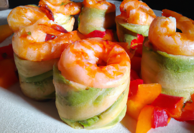 Rouleaux de poivrons, gambas et guacamol