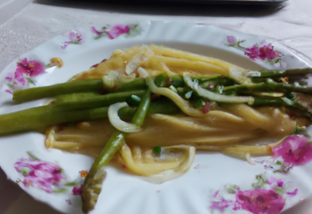 Spaghetti à la compotée d'oignons et asperges