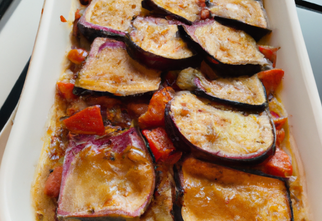 Gratin aubergine, tomates et petits lardons aux épices