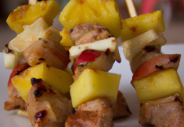 Brochette de porc, ananas et pomme