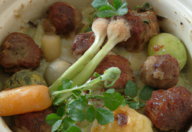 Crépinette de paleron, légumes printanier en pot au feu, copeaux de truffes