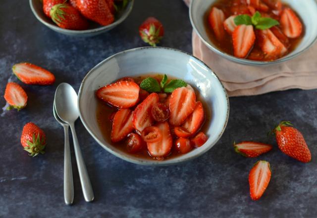 Soupe de tomates, Fraises du Périgord IGP et son sirop au citron vert