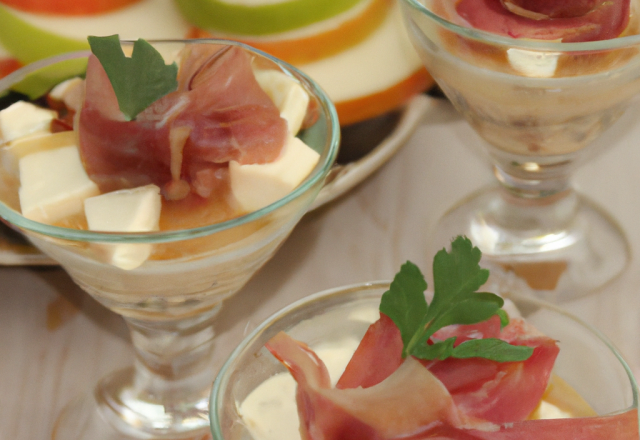 Verrines poires roquefort et jambon cru