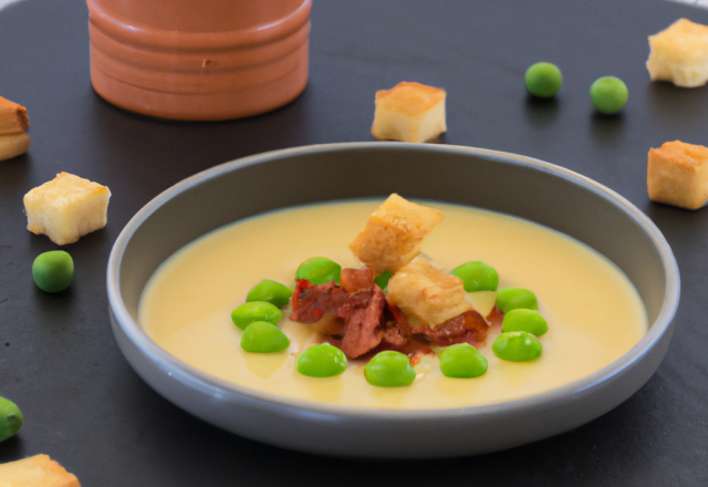 Velouté de petits pois, royale de lard fumé et biscuit croquant au piment d'espelette