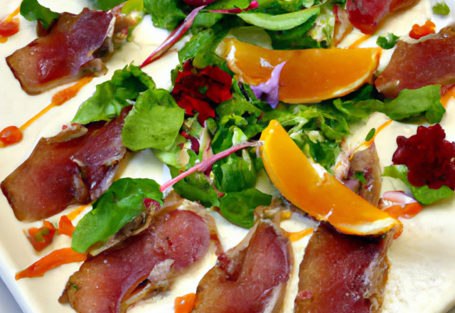 Carpaccio de canard, vinaigrette d'agrume, mesclun de salade au basilic