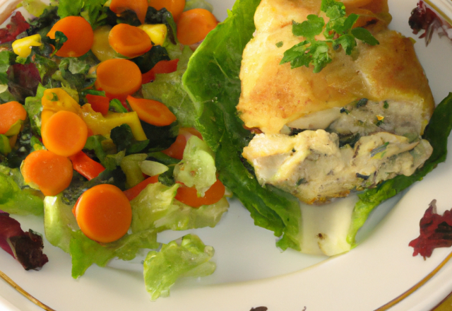 Volaille du Gâtinais en croûte de sel, fricassée de petits Légumes glacés et salade de cresson de Méréville