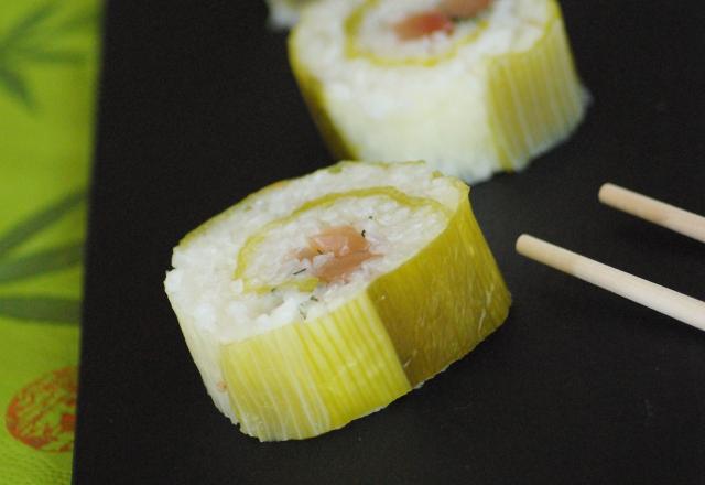 Sushis aux poireaux et au saumon mariné à l'aneth