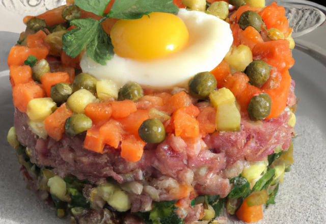 Tartare de légumes à la Fourme d'Ambert et œuf de caille poché