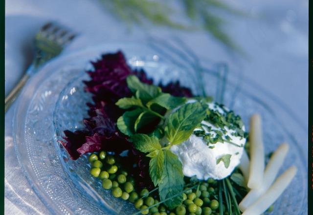 Fond de petits pois dans leur jus tiède à la menthe infusée et chèvre