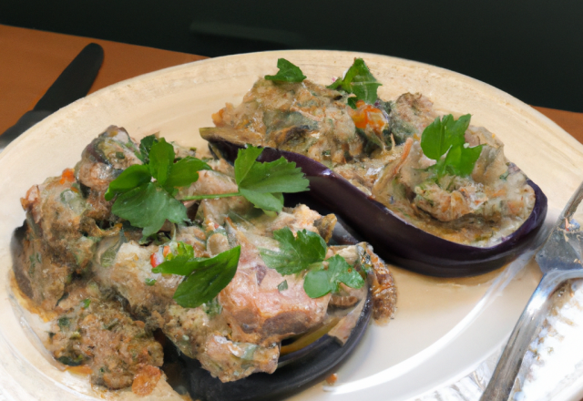 Poêlée d'aubergines au thon et au persil, sauce roquefort