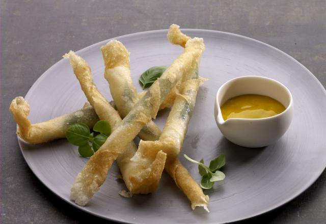 Croustillants de Skrei de Norvège au basilic, vinaigrette mangue