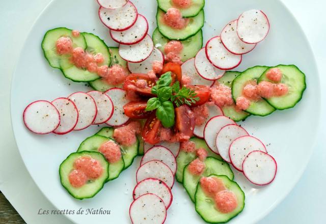 Carpaccio de radis et concombre, vinaigrette rose