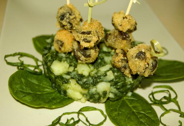 Brochette d'escargots panés et stoemp d'épinards