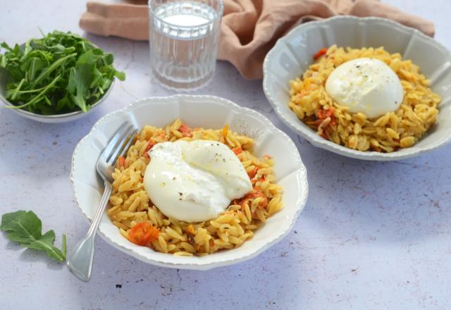 Risotto d’orzo aux tomates cerises confites et burrata