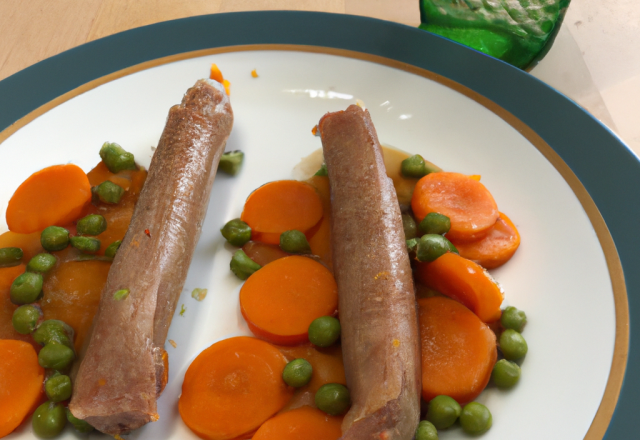 Saucisses de veau, pois et carottes