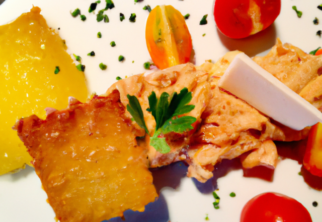 Tuiles de fromage Allegretto, rillettes d'esturgeon et tombée de tomates et de pleurotes