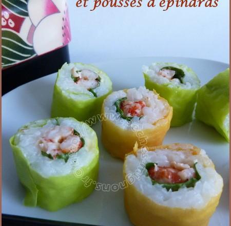 Sushi d'écrevisses et pousses d'épinards