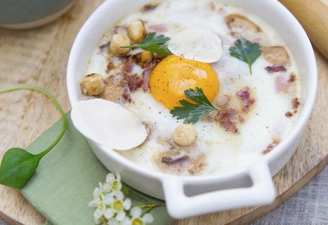 Œuf au plat, champignon de Paris, jaune aux éclats de noisette