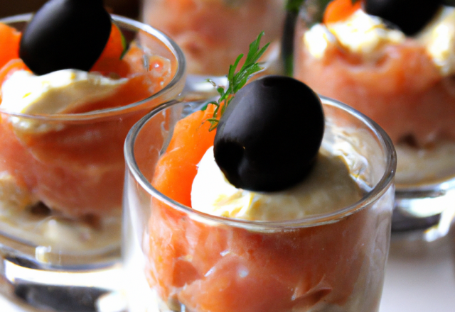 Verrines de saumon mousse ricotta et olives