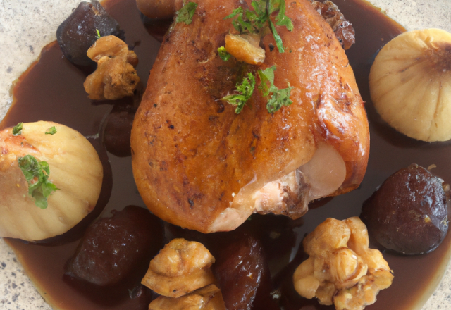 Chapon au monbazillac, marrons et foie gras