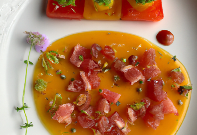 Tartare de tomates confites à la fleur de thym, crispy de jambon cru et gaspacho de melon Gallia safranné