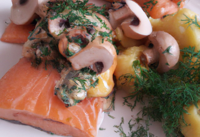 Saumon fumé avec sa compotée de fenouil et sa sauce aux champignons