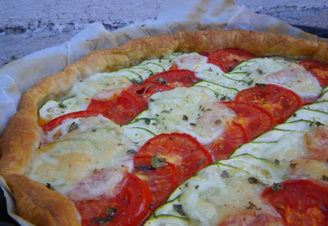 Tarte chorizo, courgettes, tomates et mozzarella