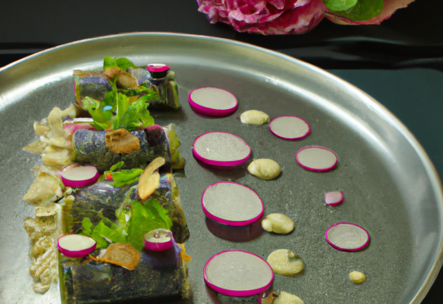 Cannelloni de radis noir et roses, salade et pesto hivernal