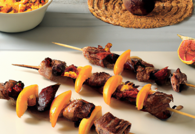 Brochettes de magret de canard, maïs, abricots et figues