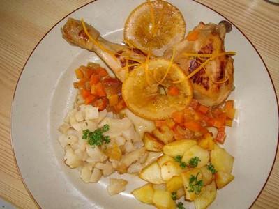 Cuisses de poulet à l'orange, navets caramélisés