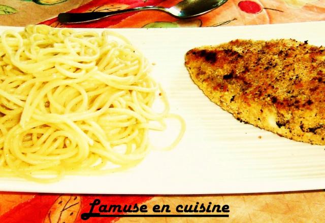 Poulet en croûte de noisettes et spaghettis au citron