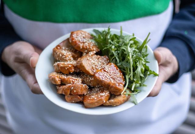 Filet mignon de porc caramélisé et salade de roquette