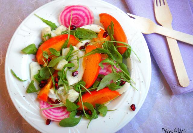 Salade de kaki Persimon, fenouil et betterave à la grenade