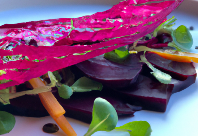 Feuilleté de légumes bio, salade à la vinaigrette de betterave