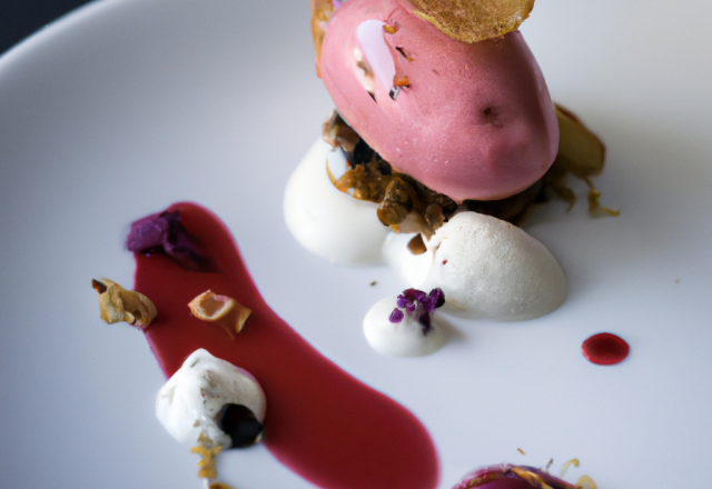 Pétales de cassis, glace au pain d'épices, coulis de vin rouge