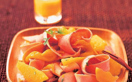 Tagliatelles de jambon, mangue et orange