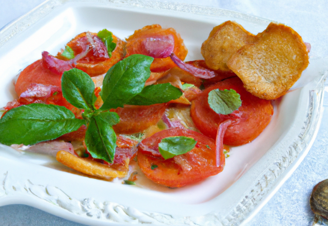 Carpaccio de tomates, basilic et croûtons frits