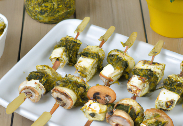 Brochette de fromage de tête aux herbes folles et champignons de Paris, panée aux pistaches