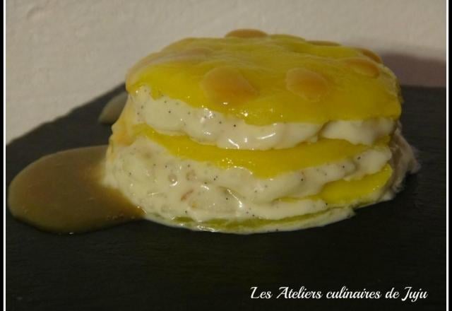 Millefeuille de risotto vanillé et mangue et sauce caramel beurre - salé