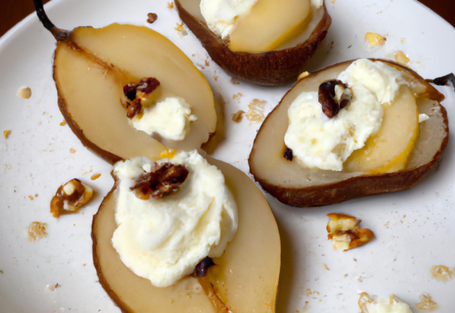 Poires pochées à la bière blanche de Hoegaarden, chantilly chocolatée et noix de pécan