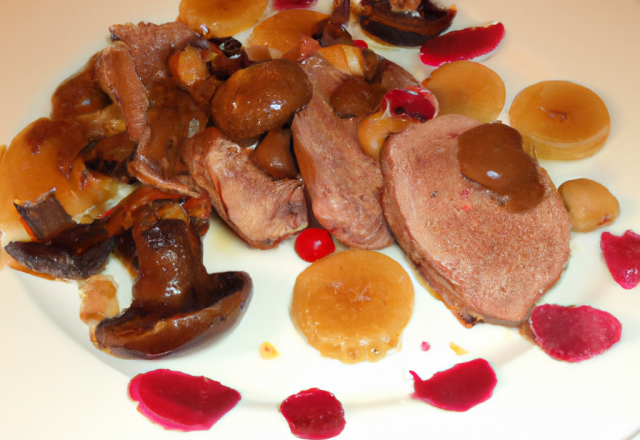 Magret de canard cuit sur sa peau, Princesse Amandine sautées à cru aux girolles, jus de veau à la gelée de fruits rouges