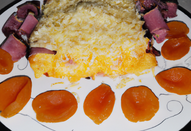 Gratin de riz et d'abricots au jambon de pays et au gouda