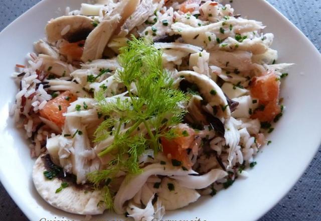 Salade tiède de raie au riz sauvage, pamplemousse et champignons